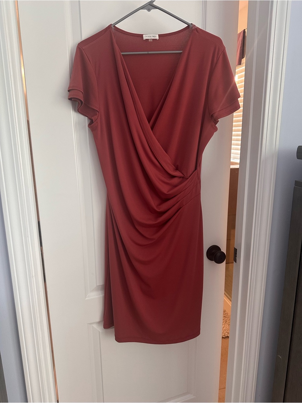 Draped V-Neck Midi Dress in Rust Red - Classic Feminine Fit